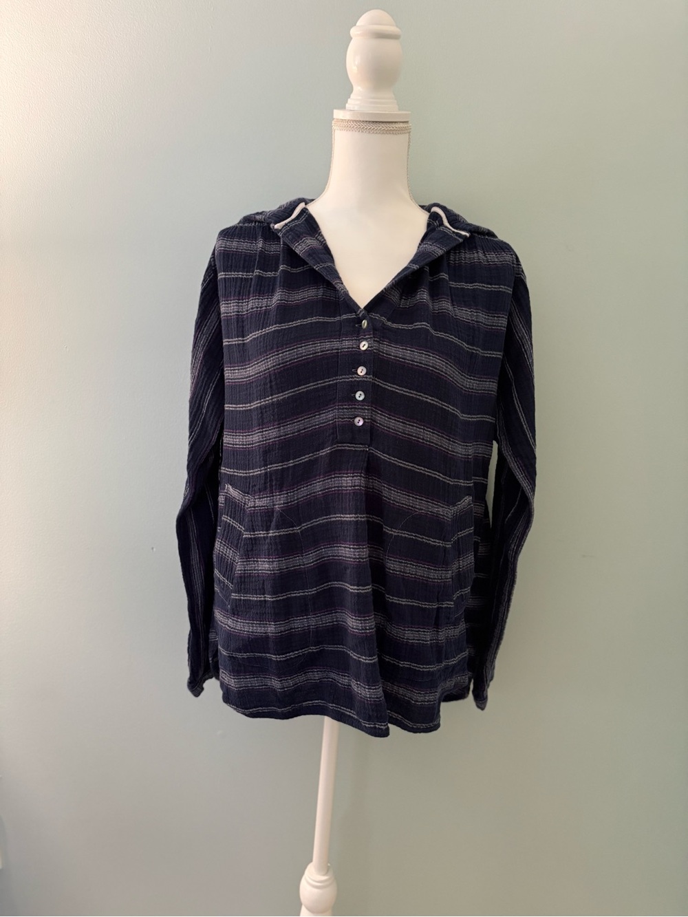 Free People Rolling Clouds Navy Striped Hooded Henley